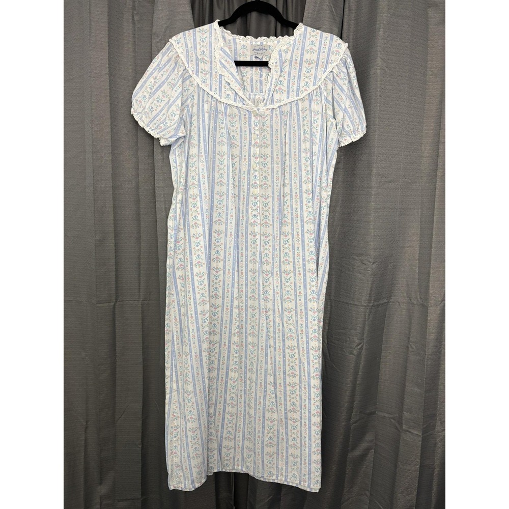 Lanz Of Salzburg Nightgown Womens S Blue Floral Stripe Cottage Prairie Classic